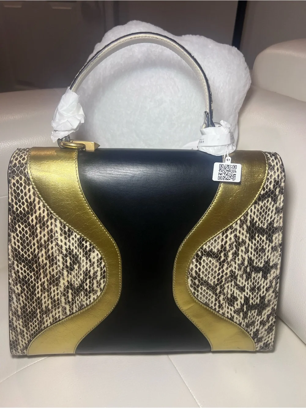 Gucci Black, Gold & Snake-Print Top Handle Bag
